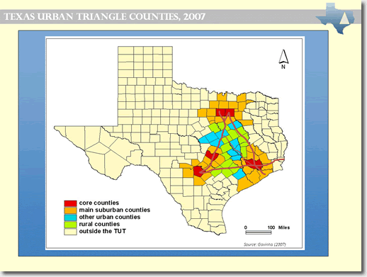 TUT slide showing the region known as the Texas Urban Triangle